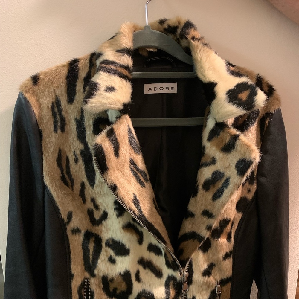 Faux fur and leather bomber jacket